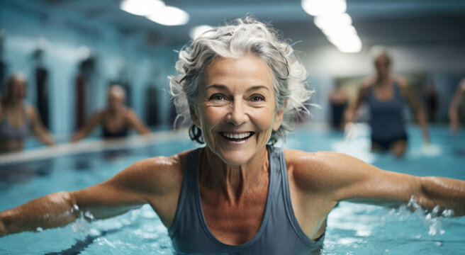 Active mature woman in 60s enjoying aqua gym class, maintaining a healthy lifestyle at a retirement community	
