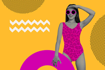 Sketch image composite artwork photo collage of black white silhouette fashion woman wear sunglasses swimsuit pool summer season - Powered by Adobe