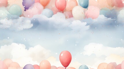 Fototapeta premium Cloud with Balloons - A cloud tied to a bunch of colorful balloons, Soft Neutrals,Pointillism,Dreamy,Textured Backgrounds,,