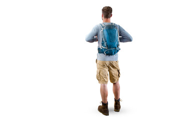 Rear View of a Hiker with a Backpack Isolated from Background
