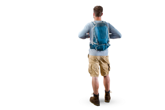 Rear View of a Hiker with a Backpack Isolated from Background
