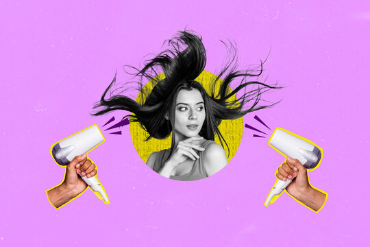 Creative photo collage young charming pretty model girl spa saloon hairdryer stylist healthcare beauty drawing background