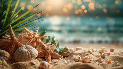 Summer decoration on the beach with a starfish, bokeh lights and blurry ocean, copy space for your own text. - obrazy, fototapety, plakaty