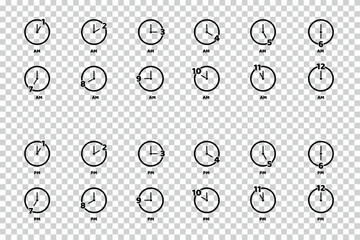 Time Icons Set AM And PM - Different Vector Illustrations Isolated On Transparent Background