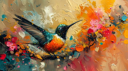 oil painting of a bird, hummingbird flying in the air, the backdrop of abstract paint stains, oil...