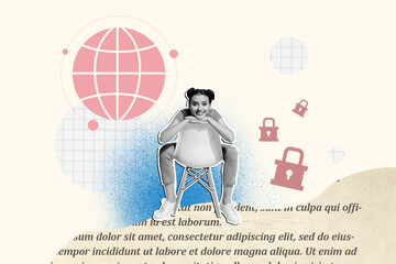 Creative collage picture young girl sitting web browser glove internet connection protect locked access cyber security drawing background