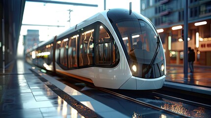 Futuristic commute: 3D of sleek, ultra-modern electro-tram. Embrace the future of eco-friendly urban transit