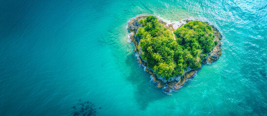 Love travel. heart shaped island in a blue ocean banner. Honey moon, summer vacation, last minute tour concept. Aerial view. Beautiful maldives tropical island in heart shape. Copy space