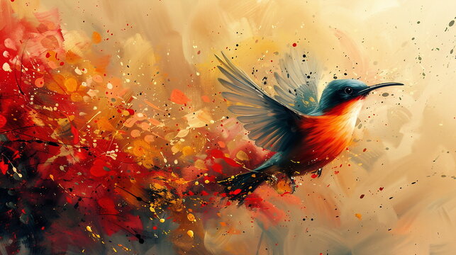 oil painting of a bird, Vibrant  hummingbird flying in the air, the backdrop of abstract paint stains, oil paint