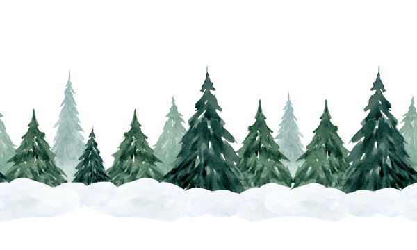 Fir trees growing in snow forest watercolor seamless border with Christmas spruce isolated on white for winter holidays horizontal banners and landscape designs