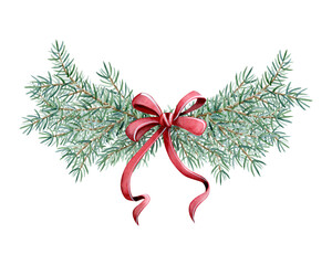 Christmas tree branches wreath with red bow watercolor Illustration template for winter holiday banners and greeting cards. New year clipart isolated on white background