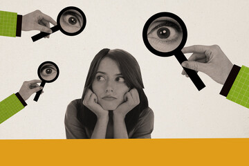 Composite photo collage of serious girl sit hand hold magnifier glass zoom research examine...