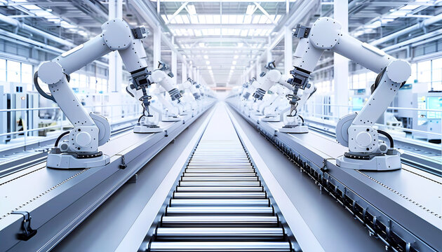Robotic arms in a manufactoring street. Generative ai design concept art.