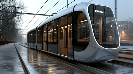 Futuristic commute: 3D of sleek, ultra-modern electro-tram. Embrace the future of eco-friendly urban transit
