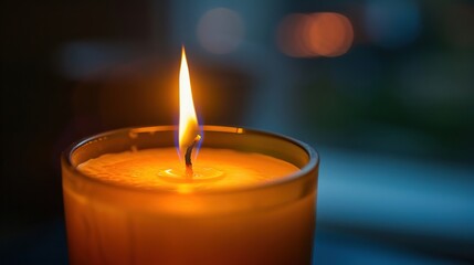 A close-up of a candle flickering in a dimly lit room