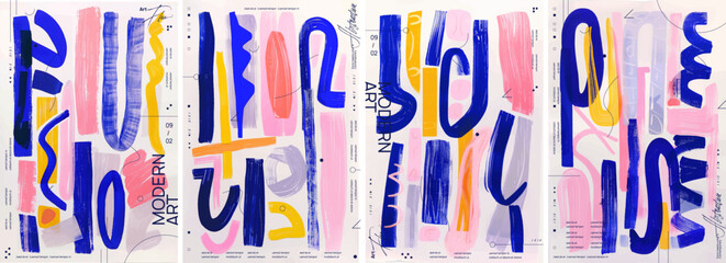 A series of abstract posters with bold, colorful brushstrokes in various colors. The design incorporates pink, blue, and yellow, creating an energetic visual artistic composition.