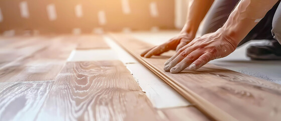 Worker installing laminate wooden floor close up. Generative ai design concept art.