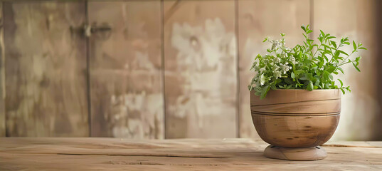 Wooden bowl with fresh herbs on wooden table. Generative ai design concept.