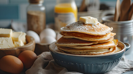 a stack of pancakes in a bowl next to a bowl of butter and eggs,  blurry background , breakfast , food