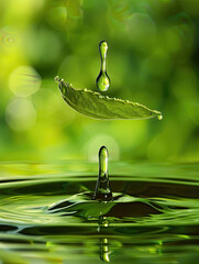 A suspended water droplet elegantly drips from a leaf's edge, forming a mirrored pillar below.
