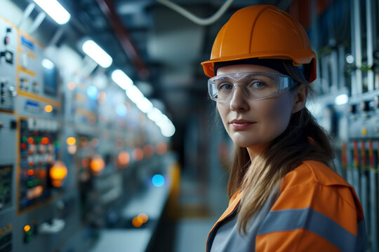A woman in an orange safety vest and hard hat stands in an industrial setting with a focused expression, illuminated by the soft glow of control panel lights.
