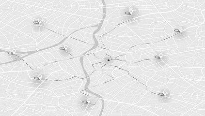 Concept of your location on map. Navigation to poi. Simple scheme of isometric city. Location tracks dashboard. Generic city map with signs of streets, roads, house. Vector illustration, background - obrazy, fototapety, plakaty