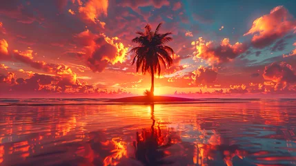 Schilderijen op glas A Stunning Tropical Sunset, Painting the Sky and Sea with Shades of Orange and Red, Inviting a Moment of Zen © Jahid