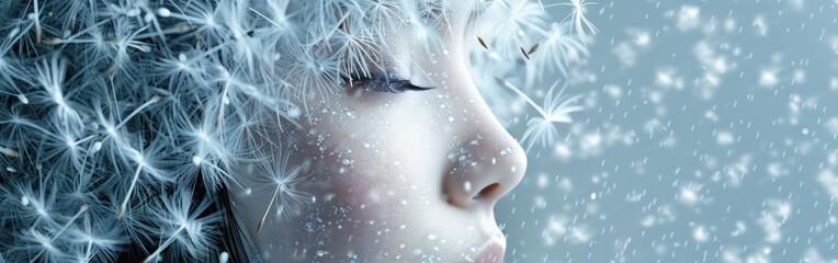 A young girl with white dandelions in her hair gazes out a window, watching snow flakes fall gently from the sky The concept of hair care with means that improve their condition.