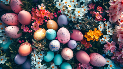 Fototapeta na wymiar Vibrant collection of pastel color Easter eggs nestled in a bed of spring flowers symbolizing renewal and celebration