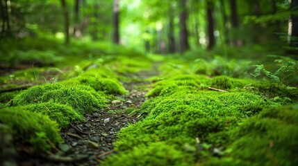 The vibrant green of moss underfoot on a forest trail