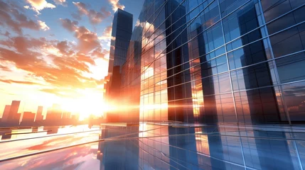 Foto op Aluminium Modern office building or business center. High-rise window buildings made of glass reflect the clouds and the sunset. empty street outside  wall modernity civilization. growing up business © JovialFox