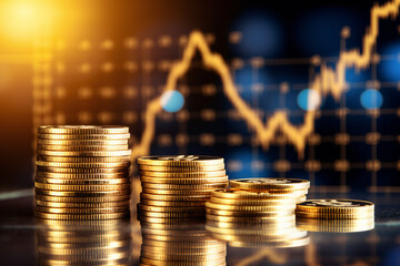 Bitcoin Cryptocurrency Investment: Golden Coins and Stock Market Charts