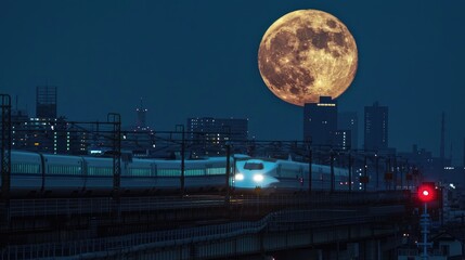 night sky on a Shinkansen with a breathtaking view of the big moon.