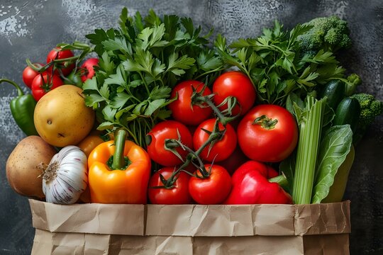 Fresh fruits and vegetables in a brown paper bag vibrant and colorful. Concept Healthy Eating, Farm Fresh Produce, Nutritious Diet, Food Photography, Sustainable Packaging