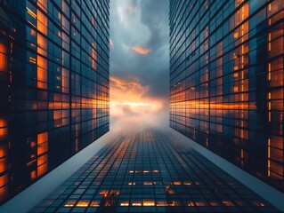 Looking up at tower skyscraper with reflective glass facade capturing the radiant colors of sunset among the clouds in an urban landscape