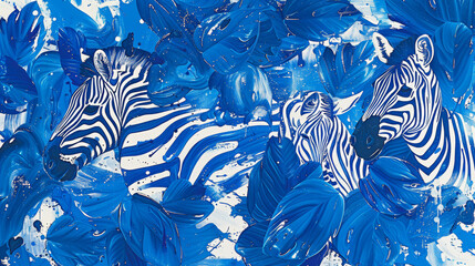 A painting of three zebras in a blue and white background. The zebras are surrounded by leaves and flowers, giving the painting a natural and vibrant feel