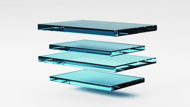 Glass transparent rectangle plates element rotation. Geometric 3d looping animation background