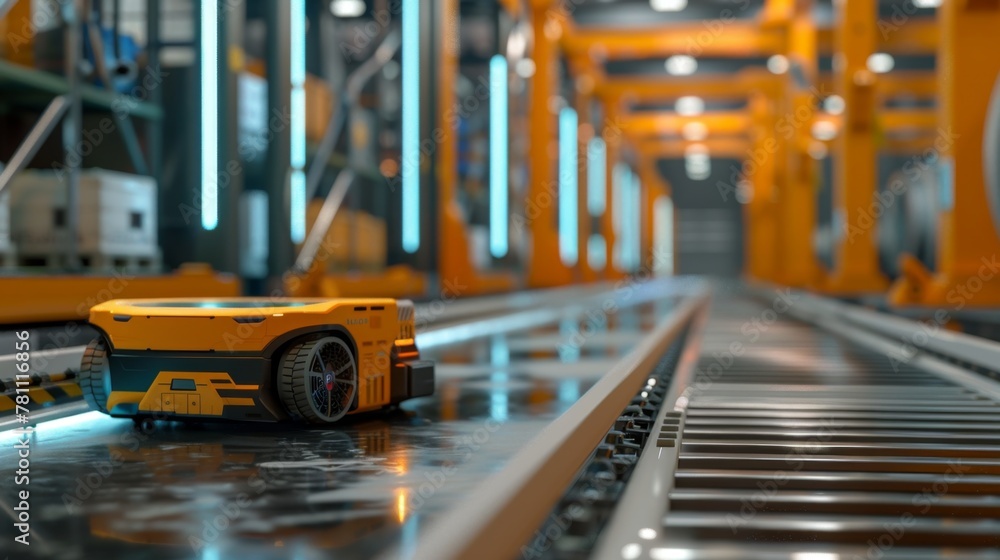 Poster automated guided vehicle in factory assembly line during off-hours