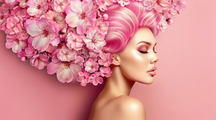 A woman with pink hair standing sideways, with flowers arranged on her head The concept of hair care with means that improve their condition.
