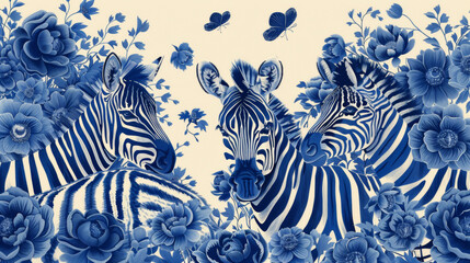 Fototapeta na wymiar A blue and white zebra painting with three zebras and flowers