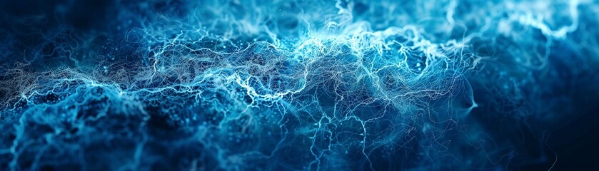 An artistic representation of a neural network in electric blue, highlighting complex connections reminiscent of brain activity or artificial intelligence. - obrazy, fototapety, plakaty