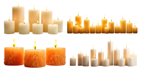 Set of pillar candles with flames illuminated, cut out
