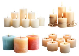 Set of pillar candles with flames illuminated, cut out