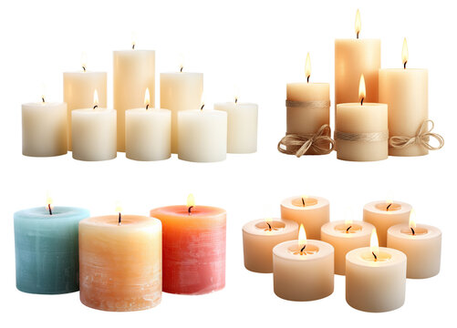 Set of pillar candles with flames illuminated, cut out