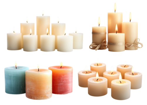 Set of pillar candles with flames illuminated, cut out - Powered by Adobe