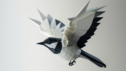 Geometric paper magpie in mid-flight, a marriage of art and realism in an 8k resolution photo AI Generative.