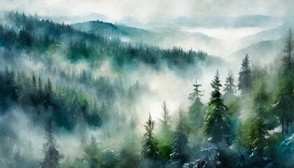 green horizontal landscape of foggy forest winter hill wild nature frozen misty taiga watercolor...