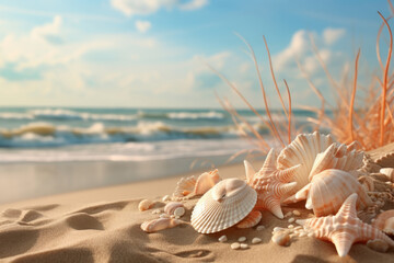 Seashells on a sandy beach with waves in the background AI Generative. - obrazy, fototapety, plakaty