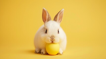 Fototapeta na wymiar Easter bunny with a yellow egg on a bright minimalistic background, AI Generative.