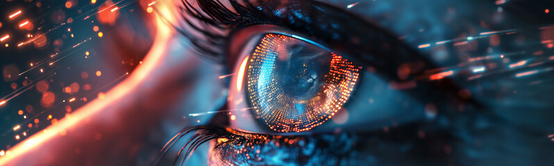 A detailed shot of a human eye with fiery gas emanating from the iris, showcasing a mix of electric blue and magenta colors in a liquidlike form - obrazy, fototapety, plakaty